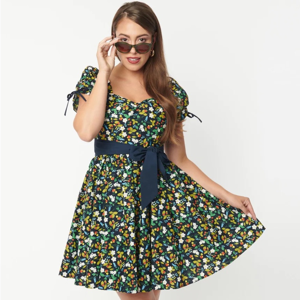 Black & Ditzy Strawberry Print Dakota Flare Dress